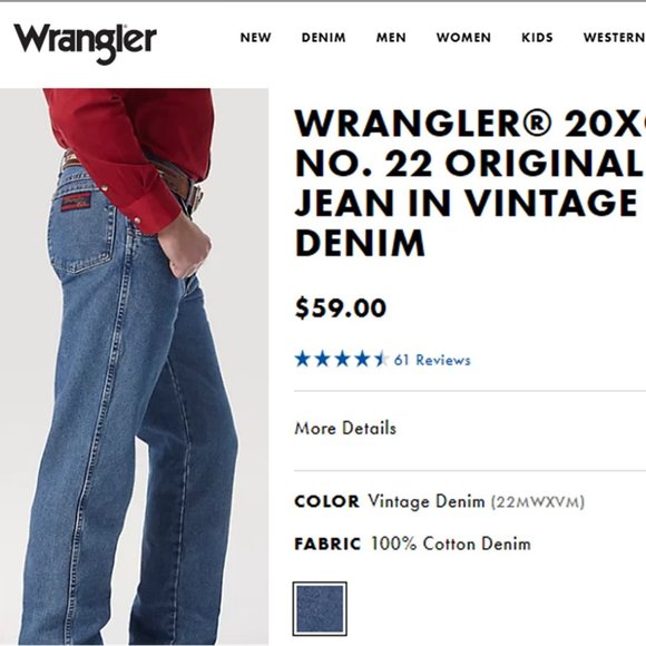 WRANGLER® "20X" No. 22 Original Jean in Vintage Denim 35x32 - Picture 13 of 13